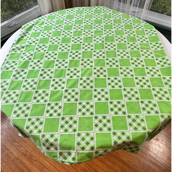 Vintage 70s flat/top sheet, white and green geometric checks, full size bed - Picture 4 of 10